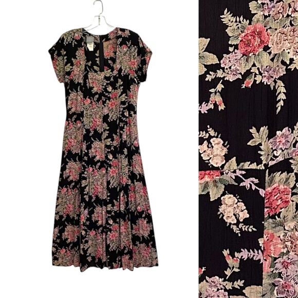 Vintage 90s does 40s Rabbit Rabbit Sweetheart Neck Dark Floral Midi Dress Sz 10 - Picture 1 of 9
